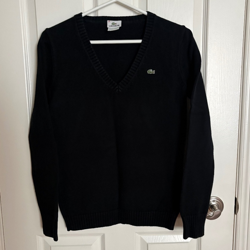 LACOSTE black cotton v-neck sweater 🐊